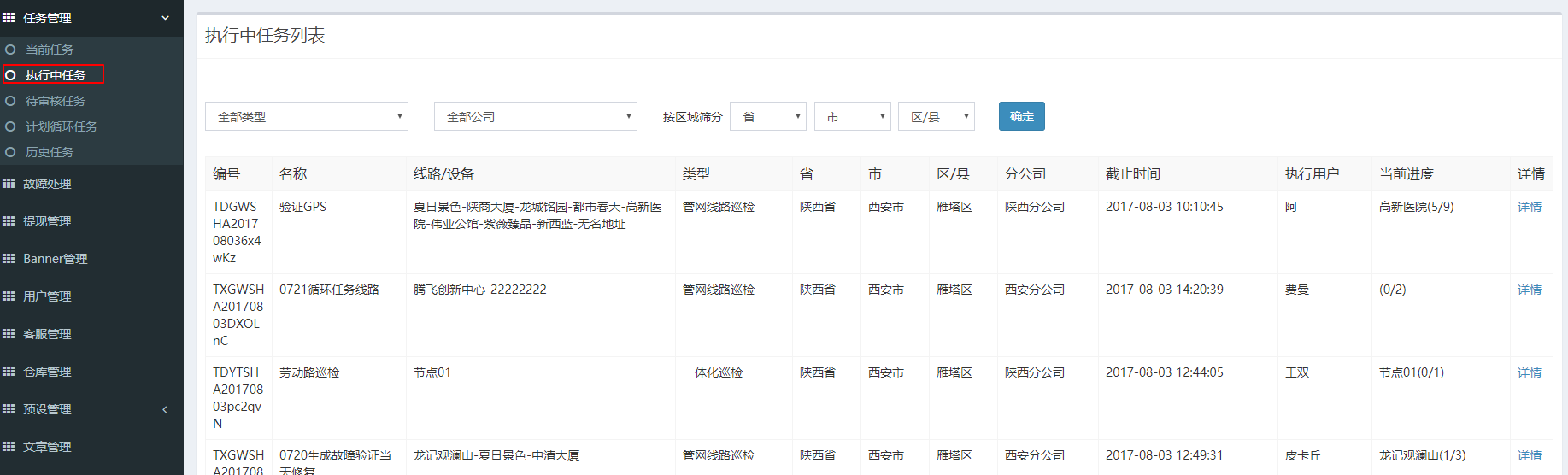 执行中任务列表